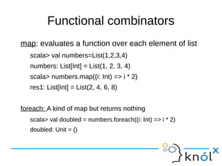 Functional combinators
map: evaluates a function over each element of list
scala> val numbers=List(1,2,3,4)
numbers: List[Int] = List(1, 2, 3, 4)
scala> numbers.map((i: Int) => i * 2)
res1: List[Int] = List(2, 4, 6, 8)
foreach: A kind of map but returns nothing
scala> val doubled = numbers.foreach((i: Int) => i * 2)
doubled: Unit = ()
 