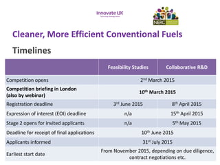 Cleaner, More Efficient Conventional Fuels
Timelines
Feasibility Studies Collaborative R&D
Competition opens 2nd March 2015
Competition briefing in London
(also by webinar)
10th March 2015
Registration deadline 3rd June 2015 8th April 2015
Expression of interest (EOI) deadline n/a 15th April 2015
Stage 2 opens for invited applicants n/a 5th May 2015
Deadline for receipt of final applications 10th June 2015
Applicants informed 31st July 2015
Earliest start date
From November 2015, depending on due diligence,
contract negotiations etc.
 
