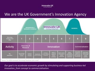 We are the UK Government’s Innovation Agency
Our goal is to accelerate economic growth by stimulating and supporting business-led
innovation, from concept to commercialisation.
 