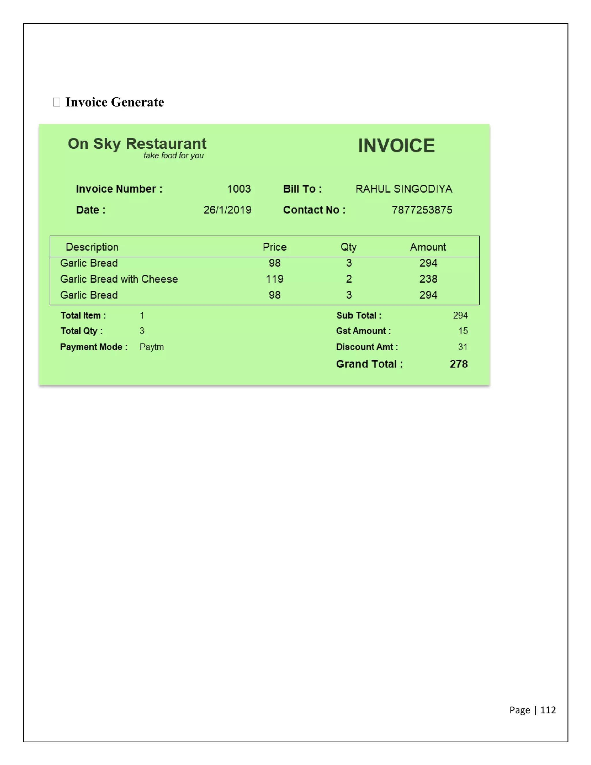 Page | 112
Invoice Generate
 