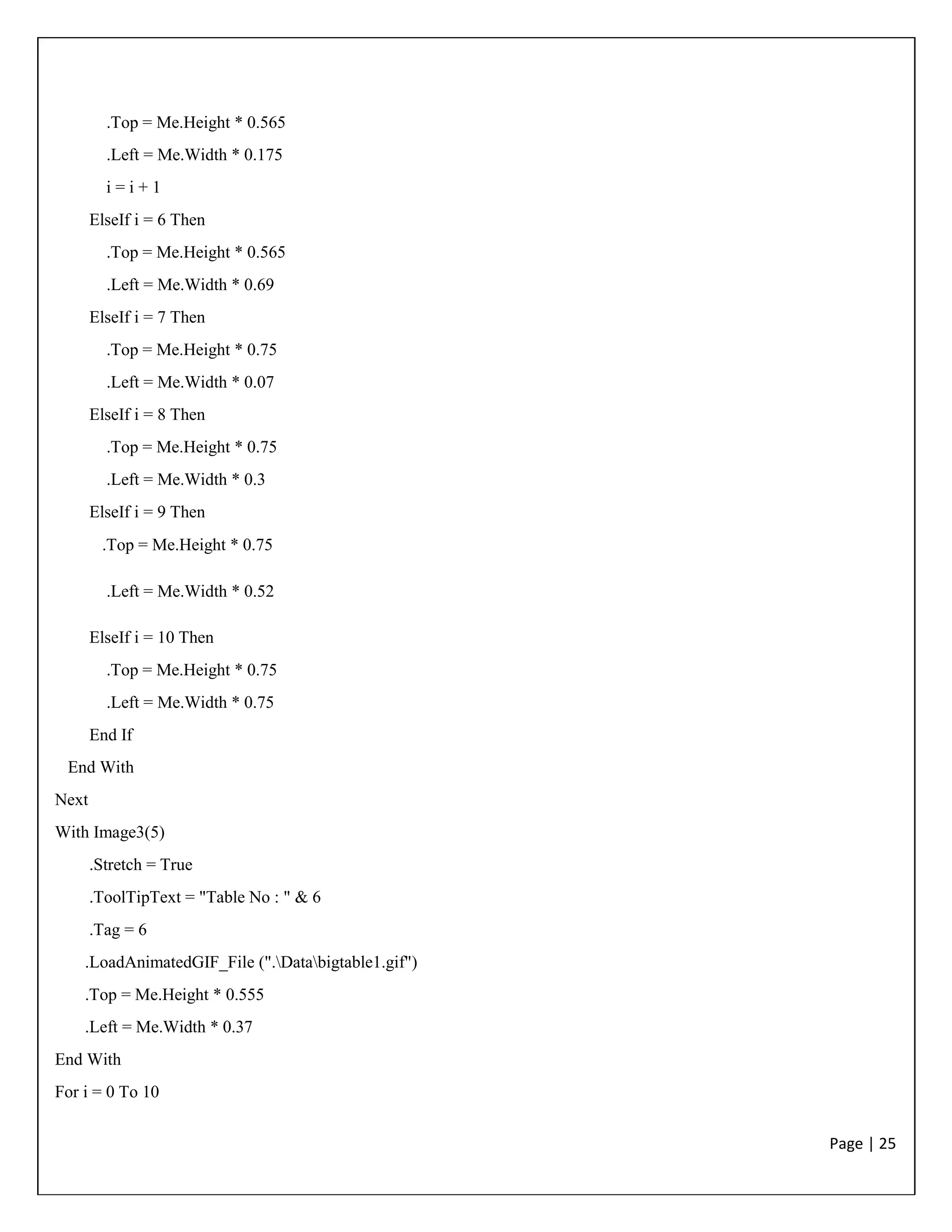 Page | 25
.Top = Me.Height * 0.565
.Left = Me.Width * 0.175
i = i + 1
ElseIf i = 6 Then
.Top = Me.Height * 0.565
.Left = Me.Width * 0.69
ElseIf i = 7 Then
.Top = Me.Height * 0.75
.Left = Me.Width * 0.07
ElseIf i = 8 Then
.Top = Me.Height * 0.75
.Left = Me.Width * 0.3
ElseIf i = 9 Then
.Top = Me.Height * 0.75
.Left = Me.Width * 0.52
ElseIf i = 10 Then
.Top = Me.Height * 0.75
.Left = Me.Width * 0.75
End If
End With
Next
With Image3(5)
.Stretch = True
.ToolTipText = "Table No : " & 6
.Tag = 6
.LoadAnimatedGIF_File (".Databigtable1.gif")
.Top = Me.Height * 0.555
.Left = Me.Width * 0.37
End With
For i = 0 To 10
 