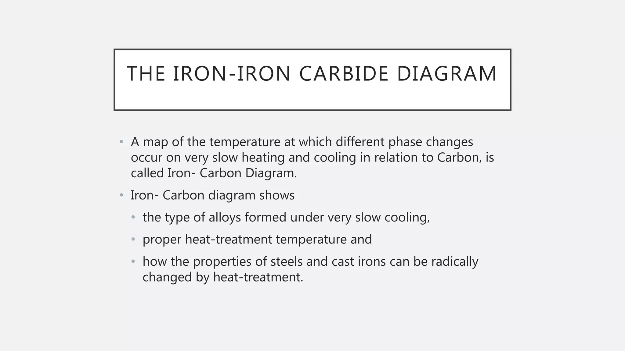 THE IRON-IRON CARBIDE DIAGRAM
• A map of the temperature at which different phase changes
occur on very slow heating and cooling in relation to Carbon, is
called Iron- Carbon Diagram.
• Iron- Carbon diagram shows
• the type of alloys formed under very slow cooling,
• proper heat-treatment temperature and
• how the properties of steels and cast irons can be radically
changed by heat-treatment.
 
