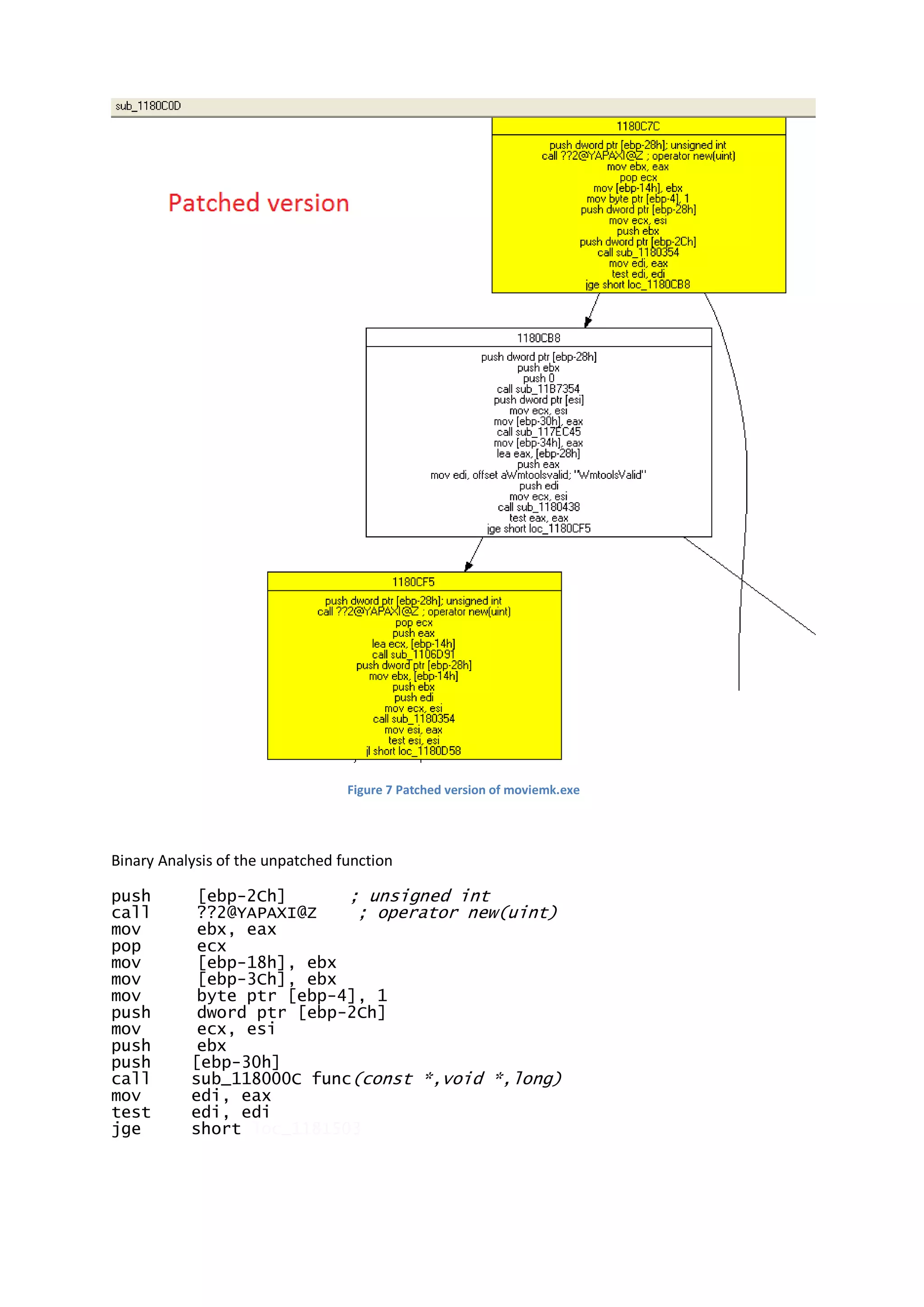 Figure 7 Patched version of moviemk.exe




Binary Analysis of the unpatched function

push        [ebp-2Ch]      ; unsigned int
call        ??2@YAPAXI@Z    ; operator new(uint)
mov         ebx, eax
pop         ecx
mov         [ebp-18h], ebx
mov         [ebp-3Ch], ebx
mov         byte ptr [ebp-4], 1
push        dword ptr [ebp-2Ch]
mov         ecx, esi
push        ebx
push       [ebp-30h]
call       sub_118000C func(const *,void *,long)
mov        edi, eax
test       edi, edi
jge        short loc_1181503
 