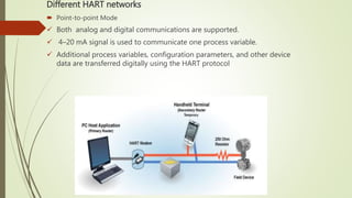 Different HART networks
 Point-to-point Mode
 Both analog and digital communications are supported.
 4–20 mA signal is used to communicate one process variable.
 Additional process variables, configuration parameters, and other device
data are transferred digitally using the HART protocol
 