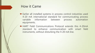 How it Came
 Earlier all installed systems in process control industries used
4-20 mA international standard for communicating process
variable information between process automation
equipments.
 HART Field Communications Protocol extends this 4-20mA
standard to enhance communication with smart field
instruments, without disturbing the 4-20 mA line.
 
