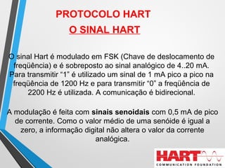 PROTOCOLO HART
O SINAL HART
O sinal Hart é modulado em FSK (Chave de deslocamento de
freqüência) e é sobreposto ao sinal analógico de 4..20 mA.
Para transmitir “1” é utilizado um sinal de 1 mA pico a pico na
freqüência de 1200 Hz e para transmitir “0” a freqüência de
2200 Hz é utilizada. A comunicação é bidirecional.
A modulação é feita com sinais senoidais com 0,5 mA de pico
de corrente. Como o valor médio de uma senóide é igual a
zero, a informação digital não altera o valor da corrente
analógica.
 