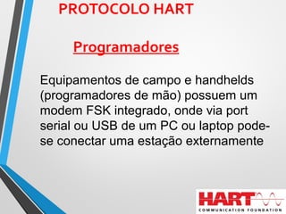 PROTOCOLO HART
Programadores
 
Equipamentos de campo e handhelds
(programadores de mão) possuem um
modem FSK integrado, onde via port
serial ou USB de um PC ou laptop pode-
se conectar uma estação externamente
 