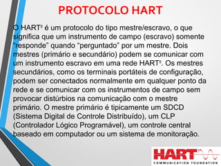 PROTOCOLO HART
O HART®
é um protocolo do tipo mestre/escravo, o que
significa que um instrumento de campo (escravo) somente
“responde” quando “perguntado” por um mestre. Dois
mestres (primário e secundário) podem se comunicar com
um instrumento escravo em uma rede HART®
. Os mestres
secundários, como os terminais portáteis de configuração,
podem ser conectados normalmente em qualquer ponto da
rede e se comunicar com os instrumentos de campo sem
provocar distúrbios na comunicação com o mestre
primário. O mestre primário é tipicamente um SDCD
(Sistema Digital de Controle Distribuído), um CLP
(Controlador Lógico Programável), um controle central
baseado em computador ou um sistema de monitoração.
 