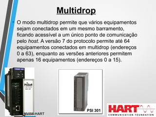 Multidrop
• O modo multidrop permite que vários equipamentos
sejam conectados em um mesmo barramento,
ficando acessível a um único ponto de comunicação
pelo host. A versão 7 do protocolo permite até 64
equipamentos conectados em multidrop (endereços
0 a 63), enquanto as versões anteriores permitem
apenas 16 equipamentos (endereços 0 a 15).
PSI 301
MVI56-HART
 