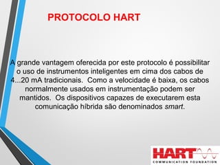 PROTOCOLO HART
A grande vantagem oferecida por este protocolo é possibilitar
o uso de instrumentos inteligentes em cima dos cabos de
4...20 mA tradicionais. Como a velocidade é baixa, os cabos
normalmente usados em instrumentação podem ser
mantidos. Os dispositivos capazes de executarem esta
comunicação híbrida são denominados smart.
 