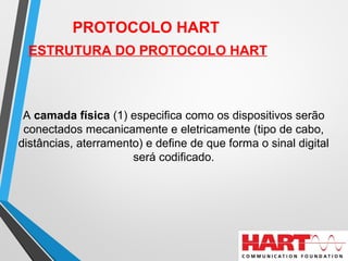 PROTOCOLO HART
ESTRUTURA DO PROTOCOLO HART
A camada física (1) especifica como os dispositivos serão
conectados mecanicamente e eletricamente (tipo de cabo,
distâncias, aterramento) e define de que forma o sinal digital
será codificado.
 
