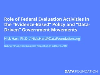Role of Federal Evaluation Activities in
the “Evidence-Based” Policy and “Data-
Driven” Government Movements
Nick Hart, Ph.D. / Nick.Hart@DataFoundation.org
Webinar for American Evaluation Association on October 1, 2019
 