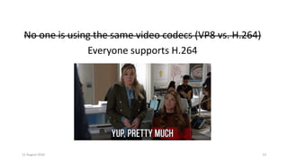 11 August 2016 13
No one is using the same video codecs (VP8 vs. H.264)
Everyone supports H.264
 
