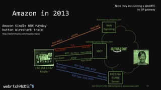 192.168.1.122
Kindle
RFC5766
-TURN-
Server
ec2-54-227-235-160.compute-1.amazonaws.com
SBC?
na4.edge-gacd.amazon.com
Web
Signaling
Kconnect-us.amazon.com
Amazon Kindle HDX Mayday
button Wireshark trace
Amazon in 2013
43
http://webrtchacks.com/mayday-trace/
Note they are running a WebRTC
to SIP gateway
 