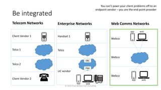 Be integrated
Telecom Networks
Client Vendor 1
Telco 1
Telco 2
Client Vendor 2
Enterprise Networks Web Comms Networks
Handset 1
Telco
UC vendor
PBX
SBC
app web
Webco
Webco
Webco
app web
app web
© 2016 Chad Wallace Hart Consulting
You can’t pawn your client problems off to an
endpoint vendor – you are the end point provider
 