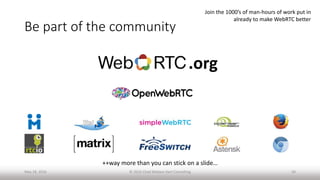 Be part of the community
.org
++way more than you can stick on a slide…
May 18, 2016 © 2016 Chad Wallace Hart Consulting 50
Join the 1000’s of man-hours of work put in
already to make WebRTC better
 