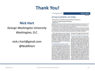 Nick Hart
George Washington University
Washington, D.C.
nick.r.hart@gmail.com
@NickRHart
Thank You!
21Improving Environmental Evidence@nickrhart
 