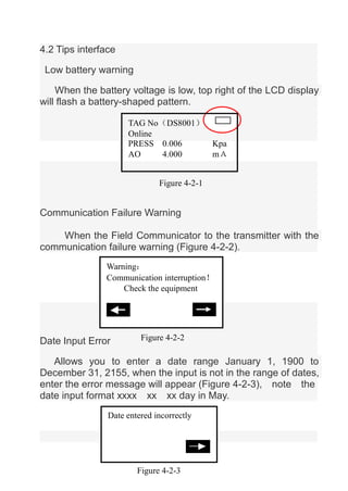 24
4.2 Tips interface
Low battery warning
When the battery voltage is low, top right of the LCD display
will flash a batte...
