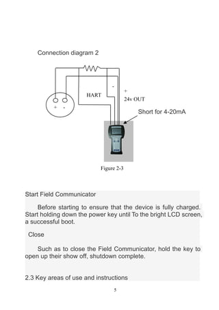 5
Connection diagram 2
Start Field Communicator
Before starting to ensure that the device is fully charged.
Start holding ...