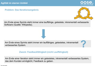 Problem: Das Iterationsergebnis Am Ende eines Sprints steht immer eine lauffähige, getestete, inkrementell verbesserte Software (Quelle: Wikipedia). © by oose GmbH Am Ende eines Sprints steht immer ein lauffähiges, getestetes, inkrementell verbessertes System. ? Zweck: Feedbackfähigkeit (nicht Lauffähigkeit) Am Ende einer Iteration steht immer ein getestetes, inkrementell verbessertes System, das dem Kunden ermöglicht, Feedback zu geben. 