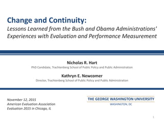 1
Change and Continuity:
Lessons Learned from the Bush and Obama Administrations'
Experiences with Evaluation and Performance Measurement
Nicholas R. Hart
PhD Candidate, Trachtenberg School of Public Policy and Public Administration
Kathryn E. Newcomer
Director, Trachtenberg School of Public Policy and Public Administration
November 12, 2015
American Evaluation Association
Evaluation 2015 in Chicago, IL
THE GEORGE WASHINGTON UNIVERSITY
WASHINGTON, DC
 