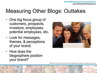Measuring Other Blogs: Outtakes One big focus group of customers, prospects, investors, employees, potential employees, etc. Look for messages, themes, & perceptions  of your brand. How does the blogosphere position  your brand? Content source: Content source: KD Paine & Partners, Measuring Public Relations / Image source: ecshome.com 