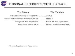 PERSONAL EXPERIENCE WITH HERITAGE

                  The Parents                                  The Children
       Widefield and Planetary Camera (WF/PC) .…..…. .....WF/PC II
Pressure Modulator Infrared Radiometer (PMIRR) …..….. …..PMIRR II
              *Voyager ISS Wide Angle Camera………. …..Cassini ISS Wide Angle Camera
                   Mars Climate Sounder (MCS) …..….. …..Diviner Lunar Radiometer (DLRE)




     *No personal experience on the Voyager mission




                                                                                          4
 