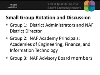 Small Group Rotation and DiscussionGroup 1: District Administrators and NAF District DirectorGroup 2: NAF Academy Principals: Academies of Engineering, Finance, and Information TechnologyGroup 3: NAF Advisory Board members