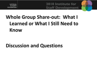 Whole Group Share-out: What I Learned or What I Still Need to KnowDiscussion and Questions