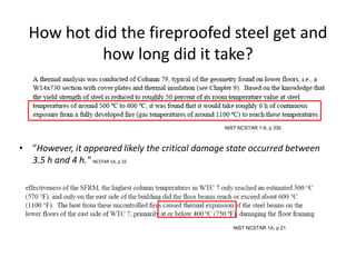 Only 20 minutes of fire load in a given area NIST admitted in their December 2007 advisory committee meeting that the fire load could only support 20 minutes of fire in any given location. 	"Question (Thornton): “…fire moved every 20 minutes; essentially it started and stopped every 20 minutes, so if you do not have fuel in WTC 7, how could fires burn for as long as they had and taken out this major structure that had good fireproofing?“	"Answer (Sunder): “The fires moved from location to location, meaning that at any given location the combustibles needed about 20 minutes to be consumed. While the combustibles at a location were being consumed, the fire front would be progressing to adjacent combustibles."
