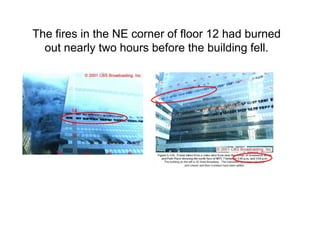 A few of NIST’s deceptionsThe truthSamples found but unexplainedIt took at least 5 yearsEvidence suggests fires were much shorter in durationWTC 7 sprinklers were functional, water was availableOnly 20 minutes of combustibles in a given locationContradicted by NIST interim report and SalvarinasPhotos show fires were outDifferential thermal expansion cannot be measured without heating both the beam and slabNo WTC 7 steel samplesNIST investigation took 3 yearsSeven hour fires in WTC 7No water to put out the firesFour hour fires in NE floor 12No shear studs on girderNIST did not use photos of fire as “model input”The floor slab was not heated in the NIST model