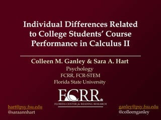 Colleen M. Ganley & Sara A. Hart
Psychology
FCRR, FCR-STEM
Florida State University
hart@psy.fsu.edu
@saraannhart
ganley@psy.fsu.edu
@colleenganley
 