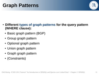 Graph Patterns


 ●   Different types of graph patterns for the query pattern
     (WHERE clause):
     ●   Basic graph pa...