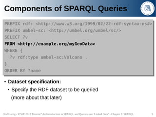Components of SPARQL Queries
 PREFIX
 PREFIX         rdf: <http://www.w3.org/1999/02/22-rdf-syntax-ns#>
                rd...