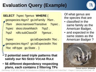 Evaluation Query (Example)

 SELECT ?spec ?genus WHERE {                                                         Of what g...