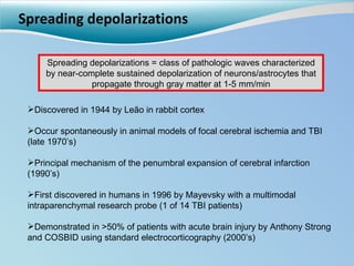 Spreading depolarizations Spreading depolarizations = class of pathologic waves characterized by near-complete sustained depolarization of neurons/astrocytes that propagate through gray matter at 1-5 mm/min Discovered in 1944 by Leão in rabbit cortex Occur spontaneously in animal models of focal cerebral ischemia and TBI (late 1970’s) Principal mechanism of the penumbral expansion of cerebral infarction (1990’s) First discovered in humans in 1996 by Mayevsky with a multimodal intraparenchymal research probe (1 of 14 TBI patients) Demonstrated in >50% of patients with acute brain injury by Anthony Strong and COSBID using standard electrocorticography (2000’s) 