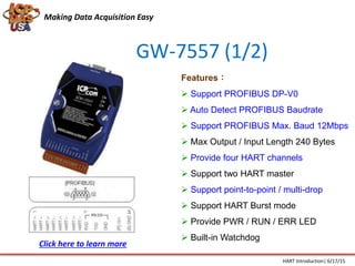 GW-7557 (1/2)
Features：
 Support PROFIBUS DP-V0
 Auto Detect PROFIBUS Baudrate
 Support PROFIBUS Max. Baud 12Mbps
 Max Output / Input Length 240 Bytes
 Provide four HART channels
 Support two HART master
 Support point-to-point / multi-drop
 Support HART Burst mode
 Provide PWR / RUN / ERR LED
 Built-in Watchdog
Making Data Acquisition Easy
HART Introduction| 6/17/15
Click here to learn more
 