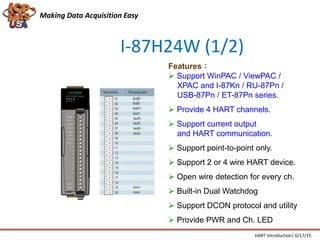 I-87H24W (1/2)
Features：
 Support WinPAC / ViewPAC /
XPAC and I-87Kn / RU-87Pn /
USB-87Pn / ET-87Pn series.
 Provide 4 HART channels.
 Support current output
and HART communication.
 Support point-to-point only.
 Support 2 or 4 wire HART device.
 Open wire detection for every ch.
 Built-in Dual Watchdog
 Support DCON protocol and utility
 Provide PWR and Ch. LED
Making Data Acquisition Easy
HART Introduction| 6/17/15
 