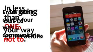 In less
than
ONE
generation:
From going
out of your
way to
communicate..
...to going
out of
your way
not to.
 