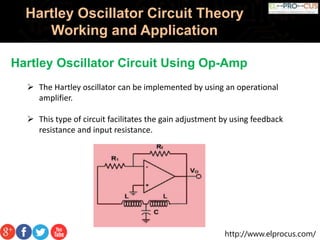 http://www.elprocus.com/
Hartley Oscillator Circuit Theory
Working and Application
Hartley Oscillator Circuit Using Op-Amp
 The Hartley oscillator can be implemented by using an operational
amplifier.
 This type of circuit facilitates the gain adjustment by using feedback
resistance and input resistance.
 