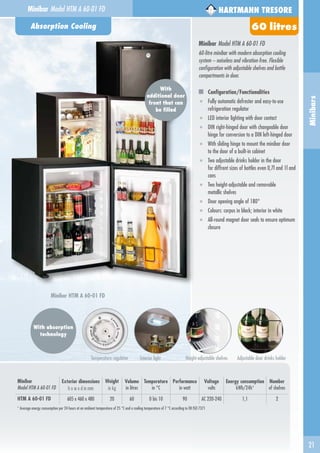 60 litres
21
Minibars
HARTMANN TRESORE
Absorption Cooling
Minibar Model HTM A 60-01 FD
60-litre minibar with modern absorption cooling
system – noiseless and vibration-free. Flexible
configuration with adjustable shelves and bottle
compartments in door.
Configuration/Functionalities
■ Fully automatic defroster and easy-to-use
refrigeration regulator
■ LED interior lighting with door contact
■ DIN right-hinged door with changeable door
hinge for conversion to a DIN left-hinged door
■ With sliding hinge to mount the minibar door
to the door of a built-in cabinet
■ Two adjustable drinks holder in the door
for diffrent sizes of bottles even 0,7l and 1l and
cans
■ Two height-adjustable and removable
metallic shelves
■ Door opening angle of 180°
■ Colours: corpus in black; interior in white
■ All-round magnet door seals to ensure optimum
closure
Minibar HTM A 60-01 FD
With absorption
technology
	 Temperature regulator	 Interior light	 Height-adjustable shelves Adjustable door drinks holder
With
additional door
front that can
be filled
Minibar
Model HTM A 60-01 FD
Exterior dimensions
h x w x d in mm
Weight
in kg
Volume
in litres
Temperature
in °C
Performance
in watt
Voltage
volts
Energy consumption
kWh/24h*
Number
of shelves
HTM A 60-01 FD 605 x 460 x 480 20 60 0 bis 10 90 AC 220-240 1,1 2
* Average energy consumption per 24 hours at an ambient temperature of 25 °C and a cooling temperature of 7 °C according to EN ISO 7371
HARTMANN TRESOREMinibar Model HTM A 60-01 FD
 