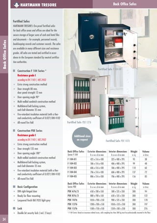 Back Office Safes
34
BackOfficeSafes HARTMANN TRESORE
Fortified Safe F 104-04
Back Office Safes
Series F 104
Exterior dimensions
h x w x d in mm
Interior dimensions
h x w x d in mm
Weight
in kg
Volume
in litres
F 104-01 425 x 516 x 430 325 x 400 x 295 93 38
F 104-02 506 x 516 x 430 406 x 400 x 295 99 48
F 104-03 606 x 516 x 430 506 x 400 x 295 118 60
F 104-04 706 x 516 x 430 606 x 400 x 295 137 72
F 104-05 806 x 516 x 430 706 x 400 x 295 156 83
Back Office Safes
Series PDE
Exterior dimensions
h x w x d in mm
Interior dimensions
h x w x d in mm
Weight
in kg
Volume
in litres
PDE 676/3 650 x 700 x 550 500 x 535 x 350 300 94
PDE 876/3 800 x 700 x 550 650 x 535 x 350 300 122
PDE 1076 1050 x 700 x 550 900 x 535 x 350 300 178
PDE 1276 1200 x 700 x 550 1050 x 535 x 350 300 197
PDE 1576 1500 x 750 x 550 1350 x 585 x 350 300 276
* F 104 Series: Based on insurance-related issues, safes weighing less than 300 kg must be professionally mounted to the floor.
Fortified Safes
HARTMANN TRESORE’s fire-proof fortified safes
for back office areas and offices are ideal for the
secure storage of larger sums of cash and hotel files
and documents – for example, personnel records,
bookkeeping records and customer records. The safes
are available in many different sizes and resistance
grades. All safes are tested and certified in accor-
dance to the European standard by neutral certifica-
tion authorities.
Construction F 104 Series *
Resistance grade I
according to EN 1143-1, VdS 2450
■ Extra strong construction method
■ Door strength 80 mm,
door panel strength 12 mm
■ Door opening angle 90°
■ Multi-walled sandwich construction method
■ Multilateral bolt locking system,
each bolt diameter 35 mm
■ Fire-retardant insulation material (with a ther-
mal conductivity coefficient of 0.027) DIN 4102
■ All-round fire fold
Construction PDE Series
Resistance grade I
according to EN 1143-1, VdS 2450
■ Extra strong construction method
■ Door strength 135 mm
■ Door opening angle 180°
■ Multi-walled sandwich construction method
■ Multilateral bolt locking system,
each bolt diameter 35 mm
■ Fire-retardant insulation material (with a ther-
mal conductivity coefficient of 0.027) DIN 4102
■ All-round fire fold
Basic Configuration
■ DIN right-hinged door
■ Ready for floor mounting
■ Lacquered finsih RAl 7035 light grey
Lock
■ Double bit security lock ( incl. 2 keys)
Fortified Safe PDE 1076
Fortified Safe PDE 1276
Additional sizes
on request
 