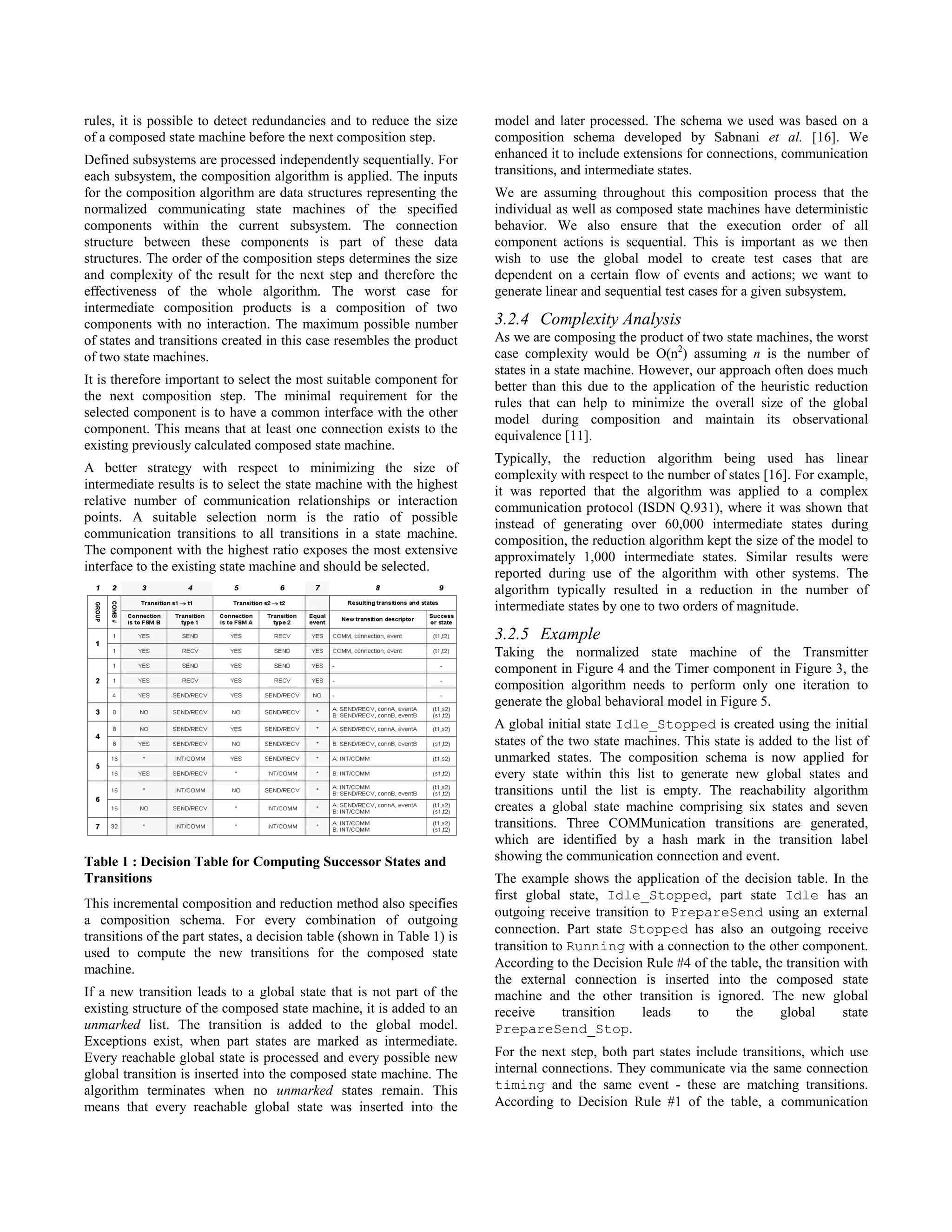 rules, it is possible to detect redundancies and to reduce the size      model and later processed. The schema we used was based on a
of a composed state machine before the next composition step.            composition schema developed by Sabnani et al. [16]. We
Defined subsystems are processed independently sequentially. For         enhanced it to include extensions for connections, communication
each subsystem, the composition algorithm is applied. The inputs         transitions, and intermediate states.
for the composition algorithm are data structures representing the       We are assuming throughout this composition process that the
normalized communicating state machines of the specified                 individual as well as composed state machines have deterministic
components within the current subsystem. The connection                  behavior. We also ensure that the execution order of all
structure between these components is part of these data                 component actions is sequential. This is important as we then
structures. The order of the composition steps determines the size       wish to use the global model to create test cases that are
and complexity of the result for the next step and therefore the         dependent on a certain flow of events and actions; we want to
effectiveness of the whole algorithm. The worst case for                 generate linear and sequential test cases for a given subsystem.
intermediate composition products is a composition of two
components with no interaction. The maximum possible number              3.2.4 Complexity Analysis
of states and transitions created in this case resembles the product     As we are composing the product of two state machines, the worst
of two state machines.                                                   case complexity would be O(n2) assuming n is the number of
                                                                         states in a state machine. However, our approach often does much
It is therefore important to select the most suitable component for      better than this due to the application of the heuristic reduction
the next composition step. The minimal requirement for the               rules that can help to minimize the overall size of the global
selected component is to have a common interface with the other          model during composition and maintain its observational
component. This means that at least one connection exists to the         equivalence [11].
existing previously calculated composed state machine.
                                                                         Typically, the reduction algorithm being used has linear
A better strategy with respect to minimizing the size of                 complexity with respect to the number of states [16]. For example,
intermediate results is to select the state machine with the highest     it was reported that the algorithm was applied to a complex
relative number of communication relationships or interaction            communication protocol (ISDN Q.931), where it was shown that
points. A suitable selection norm is the ratio of possible               instead of generating over 60,000 intermediate states during
communication transitions to all transitions in a state machine.         composition, the reduction algorithm kept the size of the model to
The component with the highest ratio exposes the most extensive          approximately 1,000 intermediate states. Similar results were
interface to the existing state machine and should be selected.          reported during use of the algorithm with other systems. The
                                                                         algorithm typically resulted in a reduction in the number of
                                                                         intermediate states by one to two orders of magnitude.

                                                                         3.2.5 Example
                                                                         Taking the normalized state machine of the Transmitter
                                                                         component in Figure 4 and the Timer component in Figure 3, the
                                                                         composition algorithm needs to perform only one iteration to
                                                                         generate the global behavioral model in Figure 5.
                                                                         A global initial state Idle_Stopped is created using the initial
                                                                         states of the two state machines. This state is added to the list of
                                                                         unmarked states. The composition schema is now applied for
                                                                         every state within this list to generate new global states and
                                                                         transitions until the list is empty. The reachability algorithm
                                                                         creates a global state machine comprising six states and seven
                                                                         transitions. Three COMMunication transitions are generated,
                                                                         which are identified by a hash mark in the transition label
Table 1 : Decision Table for Computing Successor States and              showing the communication connection and event.
Transitions                                                              The example shows the application of the decision table. In the
                                                                         first global state, Idle_Stopped, part state Idle has an
This incremental composition and reduction method also specifies
                                                                         outgoing receive transition to PrepareSend using an external
a composition schema. For every combination of outgoing
                                                                         connection. Part state Stopped has also an outgoing receive
transitions of the part states, a decision table (shown in Table 1) is
used to compute the new transitions for the composed state               transition to Running with a connection to the other component.
machine.                                                                 According to the Decision Rule #4 of the table, the transition with
                                                                         the external connection is inserted into the composed state
If a new transition leads to a global state that is not part of the      machine and the other transition is ignored. The new global
existing structure of the composed state machine, it is added to an      receive      transition   leads   to      the      global      state
unmarked list. The transition is added to the global model.              PrepareSend_Stop.
Exceptions exist, when part states are marked as intermediate.
Every reachable global state is processed and every possible new         For the next step, both part states include transitions, which use
global transition is inserted into the composed state machine. The       internal connections. They communicate via the same connection
algorithm terminates when no unmarked states remain. This                timing and the same event - these are matching transitions.
means that every reachable global state was inserted into the            According to Decision Rule #1 of the table, a communication
 