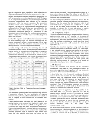 rules, it is possible to detect redundancies and to reduce the size      model and later processed. The schema we used was based on a
of a composed state machine before the next composition step.            composition schema developed by Sabnani et al. [16]. We
Defined subsystems are processed independently sequentially. For         enhanced it to include extensions for connections, communication
each subsystem, the composition algorithm is applied. The inputs         transitions, and intermediate states.
for the composition algorithm are data structures representing the       We are assuming throughout this composition process that the
normalized communicating state machines of the specified                 individual as well as composed state machines have deterministic
components within the current subsystem. The connection                  behavior. We also ensure that the execution order of all
structure between these components is part of these data                 component actions is sequential. This is important as we then
structures. The order of the composition steps determines the size       wish to use the global model to create test cases that are
and complexity of the result for the next step and therefore the         dependent on a certain flow of events and actions; we want to
effectiveness of the whole algorithm. The worst case for                 generate linear and sequential test cases for a given subsystem.
intermediate composition products is a composition of two
components with no interaction. The maximum possible number              3.2.4 Complexity Analysis
of states and transitions created in this case resembles the product     As we are composing the product of two state machines, the worst
of two state machines.                                                   case complexity would be O(n2) assuming n is the number of
                                                                         states in a state machine. However, our approach often does much
It is therefore important to select the most suitable component for      better than this due to the application of the heuristic reduction
the next composition step. The minimal requirement for the               rules that can help to minimize the overall size of the global
selected component is to have a common interface with the other          model during composition and maintain its observational
component. This means that at least one connection exists to the         equivalence [11].
existing previously calculated composed state machine.
                                                                         Typically, the reduction algorithm being used has linear
A better strategy with respect to minimizing the size of                 complexity with respect to the number of states [16]. For example,
intermediate results is to select the state machine with the highest     it was reported that the algorithm was applied to a complex
relative number of communication relationships or interaction            communication protocol (ISDN Q.931), where it was shown that
points. A suitable selection norm is the ratio of possible               instead of generating over 60,000 intermediate states during
communication transitions to all transitions in a state machine.         composition, the reduction algorithm kept the size of the model to
The component with the highest ratio exposes the most extensive          approximately 1,000 intermediate states. Similar results were
interface to the existing state machine and should be selected.          reported during use of the algorithm with other systems. The
                                                                         algorithm typically resulted in a reduction in the number of
                                                                         intermediate states by one to two orders of magnitude.

                                                                         3.2.5 Example
                                                                         Taking the normalized state machine of the Transmitter
                                                                         component in Figure 4 and the Timer component in Figure 3, the
                                                                         composition algorithm needs to perform only one iteration to
                                                                         generate the global behavioral model in Figure 5.
                                                                         A global initial state Idle_Stopped is created using the initial
                                                                         states of the two state machines. This state is added to the list of
                                                                         unmarked states. The composition schema is now applied for
                                                                         every state within this list to generate new global states and
                                                                         transitions until the list is empty. The reachability algorithm
                                                                         creates a global state machine comprising six states and seven
                                                                         transitions. Three COMMunication transitions are generated,
                                                                         which are identified by a hash mark in the transition label
Table 1 : Decision Table for Computing Successor States and              showing the communication connection and event.
Transitions                                                              The example shows the application of the decision table. In the
                                                                         first global state, Idle_Stopped, part state Idle has an
This incremental composition and reduction method also specifies
                                                                         outgoing receive transition to PrepareSend using an external
a composition schema. For every combination of outgoing
                                                                         connection. Part state Stopped has also an outgoing receive
transitions of the part states, a decision table (shown in Table 1) is
used to compute the new transitions for the composed state               transition to Running with a connection to the other component.
machine.                                                                 According to the Decision Rule #4 of the table, the transition with
                                                                         the external connection is inserted into the composed state
If a new transition leads to a global state that is not part of the      machine and the other transition is ignored. The new global
existing structure of the composed state machine, it is added to an      receive      transition   leads   to      the      global      state
unmarked list. The transition is added to the global model.              PrepareSend_Stop.
Exceptions exist, when part states are marked as intermediate.
Every reachable global state is processed and every possible new         For the next step, both part states include transitions, which use
global transition is inserted into the composed state machine. The       internal connections. They communicate via the same connection
algorithm terminates when no unmarked states remain. This                timing and the same event - these are matching transitions.
means that every reachable global state was inserted into the            According to Decision Rule #1 of the table, a communication
 