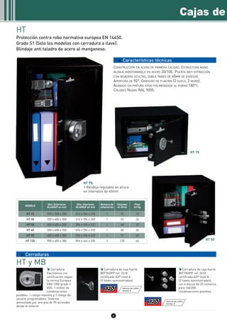 6
HT
Protección contra robo normativa europea EN 14450.
Grado S1 (Solo los modelos con cerradura a llave).
Blindaje anti taladro de acero al manganeso.
Cajas de
MODELO
HT 15 220 x 350 x 250 214 x 344 x 210 1 15 15
32 24
48 32
72 40
60
135
36
65
1
1
1
1
2
HT 30 320 x 400 x 300 314 x 394 x 260
HT 50
HT 70
400 x 400 x 350
600 x 400 x 350
394 x 394 x 310
594 x 394 x 310
HT 60
HT 135
500 x 400 x 350
900 x 450 x 380
494 x 394 x 310
894 x 444 x 335
Dim. Exteriores
ALxANxP en mm
Dim. Interiores
ALxANxP en mm
Número de
estanterías
Volumen
en litros
Peso
en Kg
Características técnicas
Cerradura
Electrónica con
certificación según
la norma Europea
ENV 1300 grado 2
VDS. 1 millón de
combinaciones
posibles, 1 código maestro y 1 código de
usuario programables. Sistema
alimentado por una pila de 9V accesible
desde el exterior
Cerradura de caja fuerte
WITTKOPP ref: 2618
certificada A2P nivel A
(2 llaves suministradas).
Cerradura de caja fuerte
WITTKOPP ref: 2618
certificada A2P nivel A
(2 llaves suministradas),
con 4 discos de 20 números
para 160.000
combinaciones posibles.
HT y MB
Cerraduras
HT 70.
1 Bandeja regulable en altura
en intervalos de 40mm.
CONSTRUCCIÓN EN ACERO DE PRIMERA CALIDAD. ESTRUCTURA MONO
BLOQUE INDEFORMABLE EN ACERO 30/10E. PUERTA ANTI EXTRACCIÓN
CON BISAGRAS OCULTAS, DOBLE PARED DE 40MM DE ESPESOR.
APERTURA DE 90°. ORIFICIOS DE FIJACIÓN (2 SUELO, 2 MURO).
ACABADO EN PINTURA EPOXI POLIMERIZADA AL HORNO 180°C.
COLORES NEGRO RAL 9005.
HT 15
HT 50
 