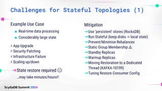 Challenges for Stateful Topologies (1)
Example Use Case
■ Real-time data processing
■ Considerably large state
⚡ App Upgrade
⚡ Security Patching
⚡ Infrastructure Failure
⚡ Scaling up/down
Mitigation
➔Use ‘persistent’ stores (RocksDB)
➔Run Stateful (keep disks -> local state)
➔Prevent/Minimise Rebalances
➔Static Group Membership ⚠️
➔Standby Replicas
➔Warmup Replicas
➔Moving Restoration to a Dedicated
Thread (KAFKA-10199)
➔Tuning Restore Consumer Config
➔State restore required 😱
…may take minutes/hours!!
 