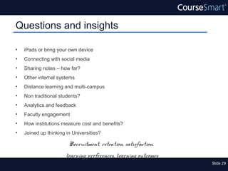 Questions and insights

•   iPads or bring your own device
•   Connecting with social media
•   Sharing notes – how far?
•   Other internal systems
•   Distance learning and multi-campus
•   Non traditional students?
•   Analytics and feedback
•   Faculty engagement
•   How institutions measure cost and benefits?
•   Joined up thinking in Universities?

                        Recruitment, retention, satisfaction,
                       learning preferences, learning outcomes
                                                                 Slide 29
 