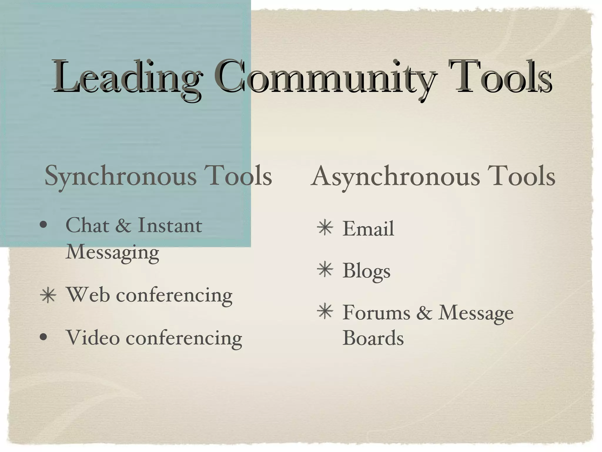 Leading Community Tools Chat & Instant Messaging Web conferencing Video conferencing Email Blogs Forums & Message Boards Synchronous Tools Asynchronous Tools 