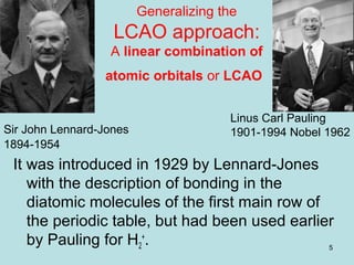 5
Generalizing the
LCAO approach:
A linear combination of
atomic orbitals or LCAO
It was introduced in 1929 by Lennard-Jones
with the description of bonding in the
diatomic molecules of the first main row of
the periodic table, but had been used earlier
by Pauling for H2
+
.
Sir John Lennard-Jones
1894-1954
Linus Carl Pauling
1901-1994 Nobel 1962
 