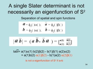 54
A single Slater determinant is not
necessarily an eigenfunction of S2
Separation of spatial and spin functions
IabI= a(1)α(1) b(2)β(2) - b(1)β(1) a(2)α(2)
= a(1)b(2) α(1)β(2) - b(1)a(2) α(2)β(1)
is not a eigenfunction of S2
if a≠b
 